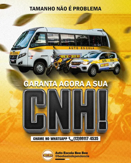 Post 'Garanta agora a sua CNH!' com frota de ônibus, moto e carro — Auto Escola Bee Bee